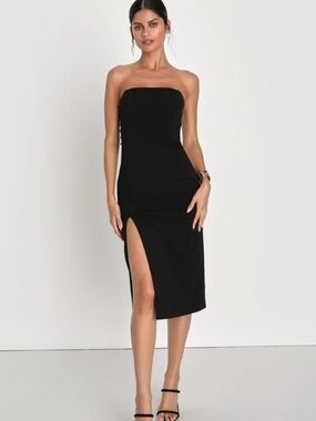 Lulus Strapless Black Midi Dress with Side Thigh Slit - “Loving the feeling”